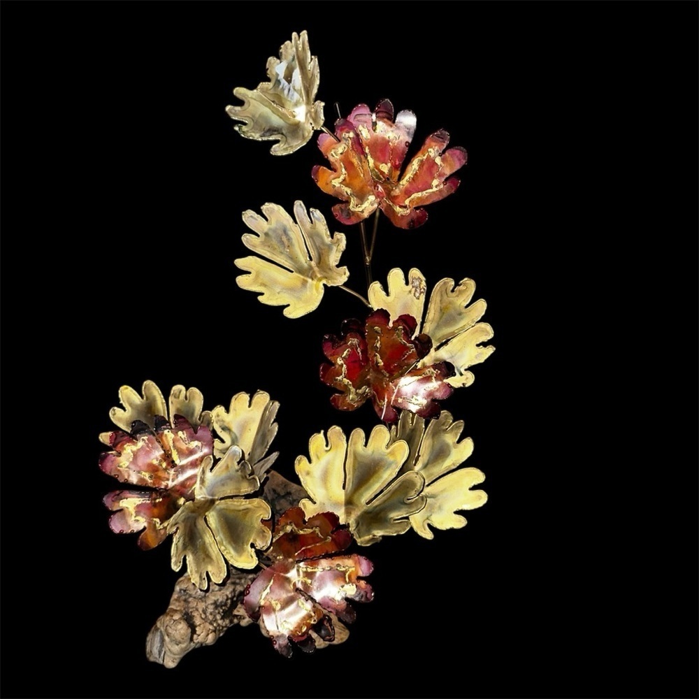 Vintage Mid-Century Modern Gold Metal Leaf Art Sculpture on Myrtle Wood Burl